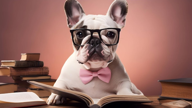 Leuke franse bulldog-professor die een bril draagt met een stapel boeken AI-gegenereerde afbeelding