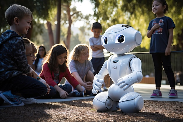 Leuke futuristische robot die met kinderen in een park speelt