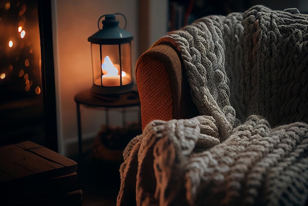 Foto leuke gebreide deken ligt op een fauteuil illustratie generatieve ai