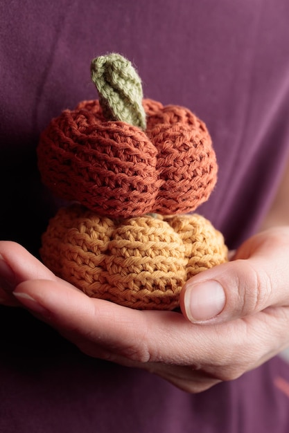 Leuke gehaakte gebreide gele en oranje pompoenen op witte achtergrond