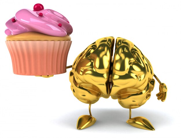 Leuke geïllustreerde gouden hersenen die een cupcake houden