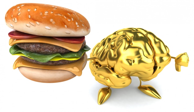 Leuke geïllustreerde gouden hersenen die een hamburger houden