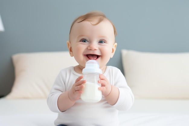 Leuke, gelukkige baby met een fles met melk en glimlachende melkvoeding voor baby's.