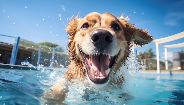 Foto leuke gelukkige hond die zwemt in een zwembad generatieve ai