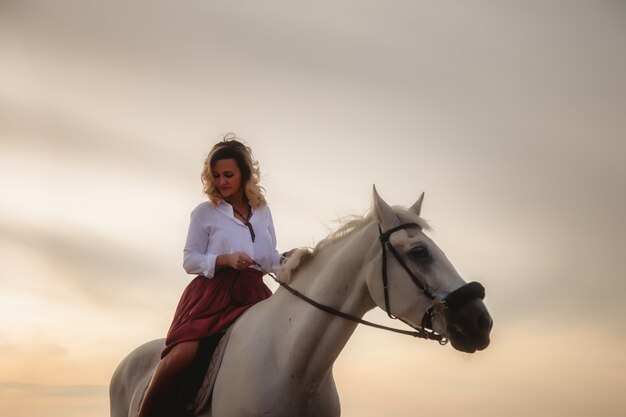 Leuke gelukkige jonge vrouw te paard in de zomer strand aan zee. Rider vrouw rijdt haar paard in de natuur op avond zonsondergang lichte achtergrond. Concept van buiten rijden, sport en recreatie. Ruimte kopiëren