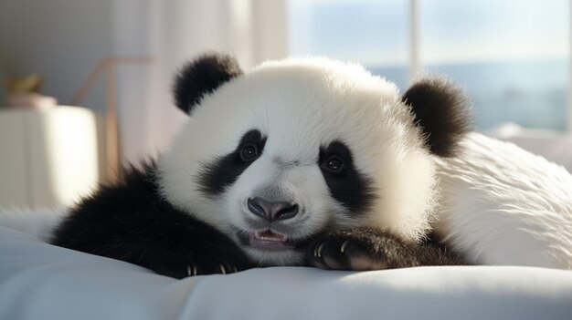 Leuke gelukkige panda ligt in een wit bed in het ochtendlicht voor het raam