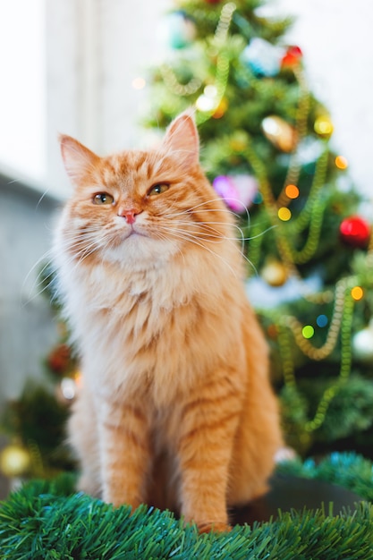 Leuke gemberkat en kerstboom. Het pluizige grappige huisdier zit voor Kerstmis verfraaide spar.