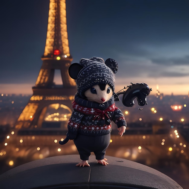 Leuke gif muis in kerst trui in Eiffeltoren AI