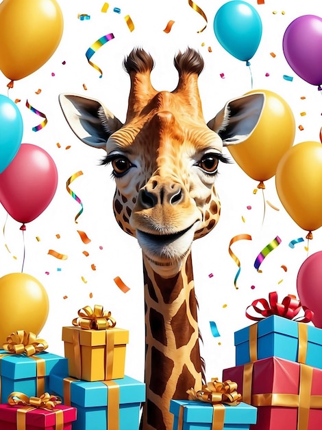 Leuke giraffe glimlachend op het feest met ballonnen cadeaus en confetti geïsoleerd op witte achtergrond