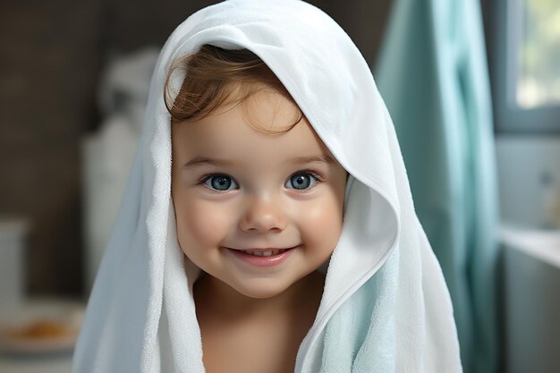 Leuke glimlachende baby met een handdoek op zijn hoofd.