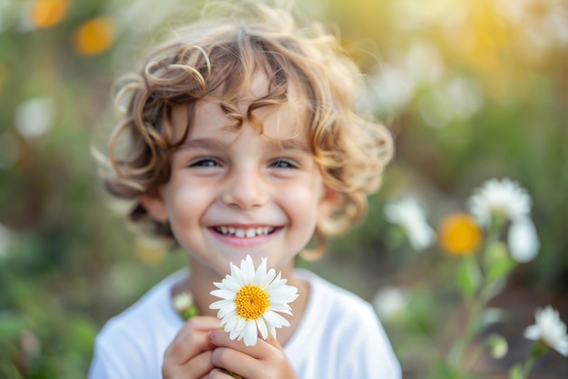 Leuke glimlachende jongen houdt een bloem Generatieve AI