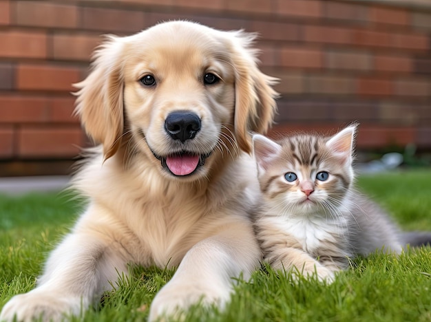 Leuke golden retriever puppy met een foto van een klein kitten