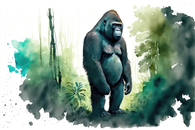 Foto leuke gorilla staande in het midden van het bos aquarel schilderij