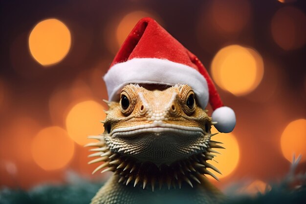 Foto leuke grappige baby iguana in rode santa claus hoed kerstmis of nieuwjaar portret van huisdier huisdier