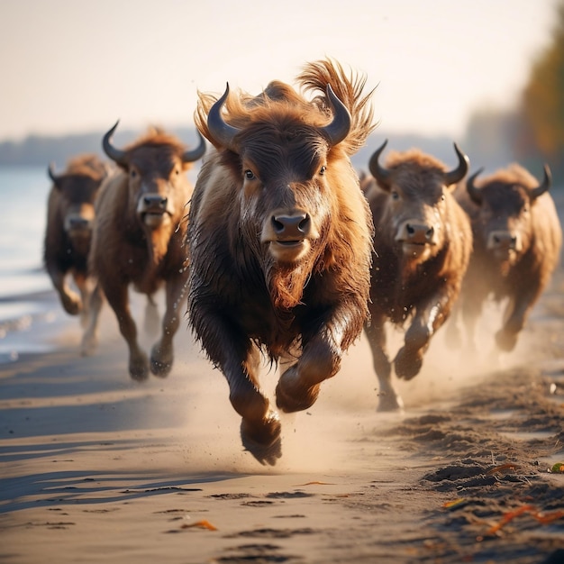 Foto leuke grappige buffalo groep lopen en spelen op het strand in de herfst