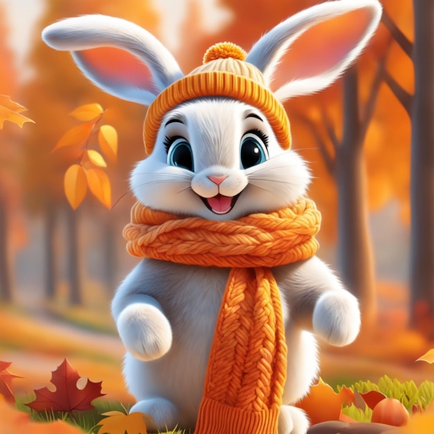Leuke grappige cartoon konijn of konijntje in een warme gebreide muts en sjaal