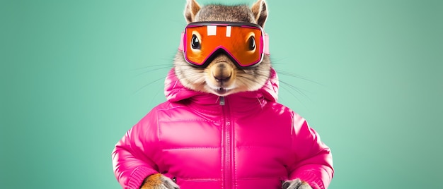 Foto leuke grappige eekhoorn glimlachend in de wintervakantie skiën brede banner met kopieerruimte zijde