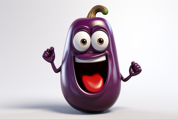 Leuke grappige en emotionele groentenkarakter geanimeerde geanimeerde uitdrukkingen eigenzinnige uitdrukkingen speelse uitdrukkingen witte achtergrond gelukkige aubergine