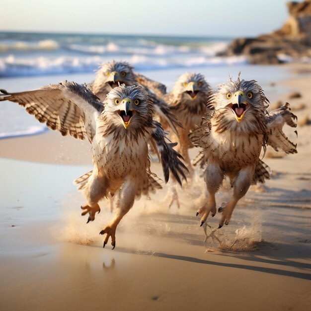 Foto leuke grappige hawk groep lopen en spelen op het strand in de herfst