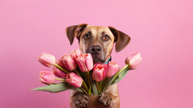 Leuke grappige hond met bloemen Illustratie AI GenerativexA