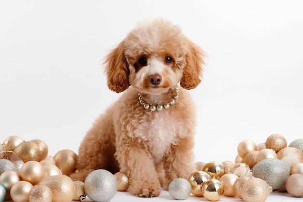 Leuke grappige hond met cadeau in kamer versierd voor Kerstmis