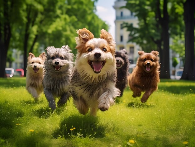 Leuke grappige honden groep rennen en spelen op groene tuin