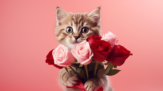 Leuke grappige kat met een boeket rozen in de vallei