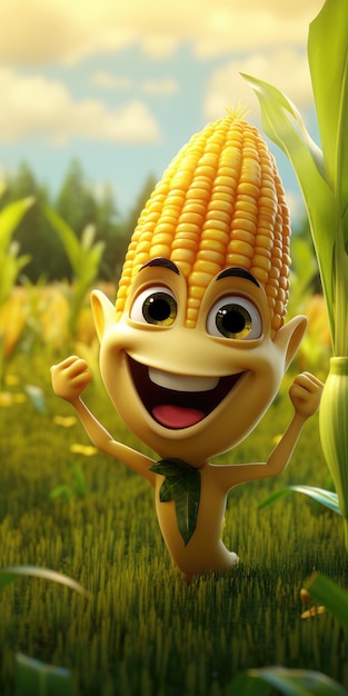 Leuke grappige maïs 3d cartoon Hoogwaardige foto Generatieve AI