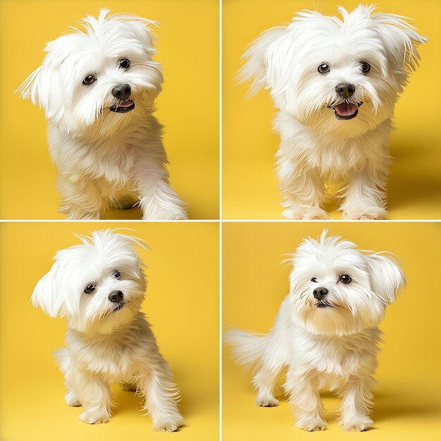 Foto leuke grappige maltese hond in verschillende poses op een lichtgele achtergrond