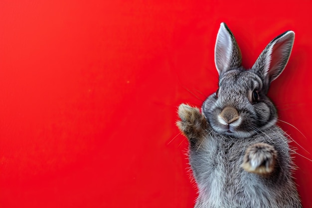 Leuke grijze konijn liggend op rug op rode achtergrond pluizige oren speelse houding dierlijke capriolen konijn pootjes omhoog schattige huisdier snorharen detail komische positie close-up opname ruimte voor tekst