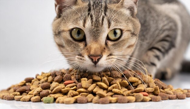 Foto leuke grijze tabby kat en stapel droog voedsel op witte achtergrond