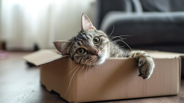 Leuke grijze tabby kat in een kartonnen doos op de vloer thuis