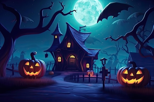 Leuke halloween-het landschapsachtergrond van het nachtthema met de pompoen van het de heksenhuis van de vleermuismaan