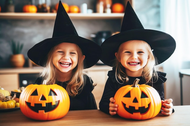 Leuke Halloween-kinderen in heksenjurken en jackolanterns