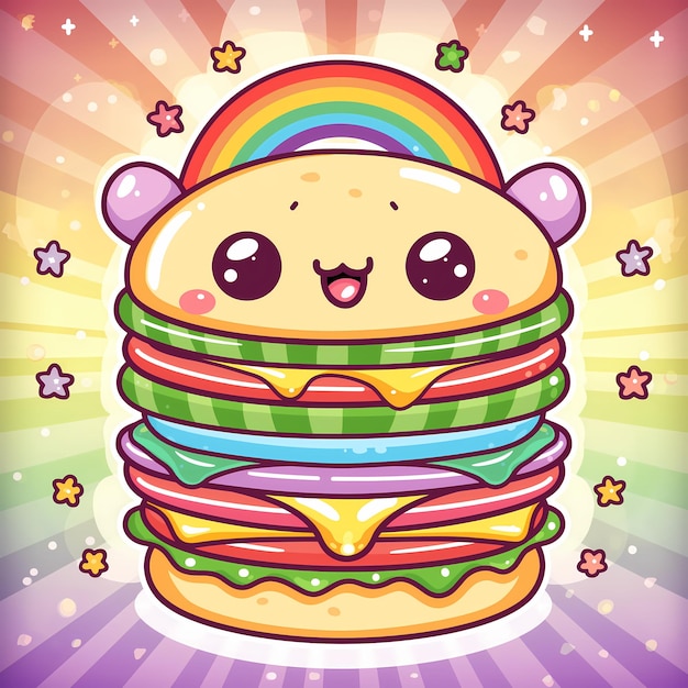 Leuke hamburger in gemengde stijl van groovy cartoon en kawaii in pastel kleurenpalet