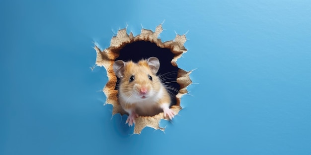 Leuke hamster die uit een gat in de muur gluurt, gescheurd gat, lege kopie ruimte frame mockup Generatieve AI afbeelding weber