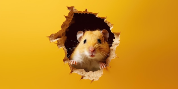 Leuke hamster die uit een gat in de muur gluurt, gescheurd gat, lege kopie ruimte frame mockup Generatieve AI afbeelding weber