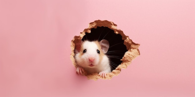 Leuke hamster kijkt uit een gat in de muur gescheurde gat lege kopie ruimte frame mockup Generatieve AI beeld weber