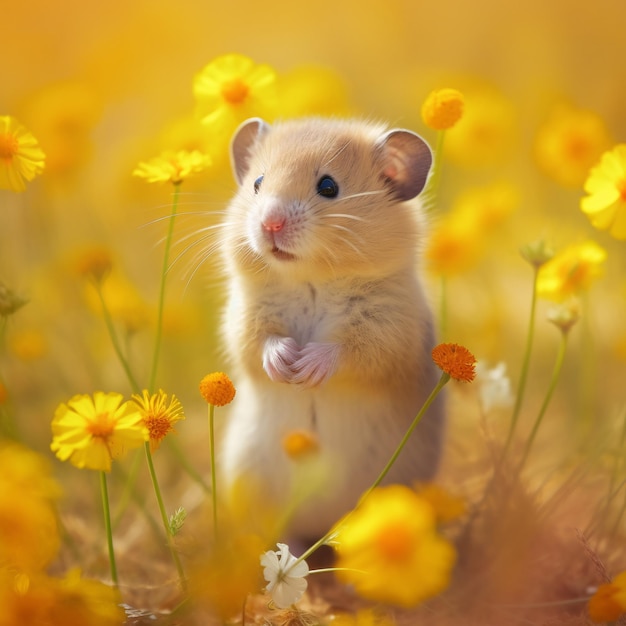 Leuke hamster met een bloem in een veld van gele en oranje wilde bloemen.