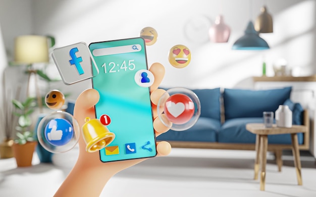 Leuke Hand met slimme telefoon Facebook pictogrammen in woonkamer toekomstige moderne leven Concept 3D Render