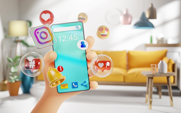 Leuke Hand met slimme telefoon Instagram pictogrammen in woonkamer toekomstige moderne leven Concept 3D Render