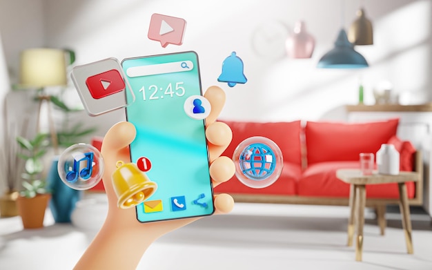 Leuke Hand met slimme telefoon Youtube pictogrammen in woonkamer toekomstige moderne leven Concept 3D Render