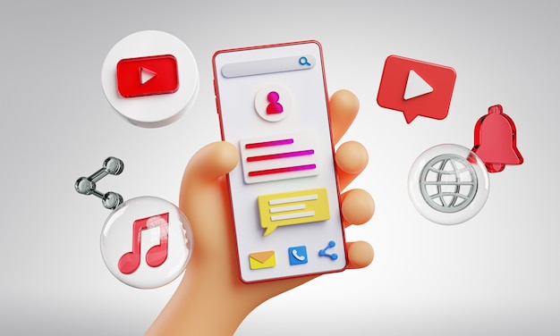 Leuke hand met telefoon Youtube-pictogrammen rond 3D-rendering