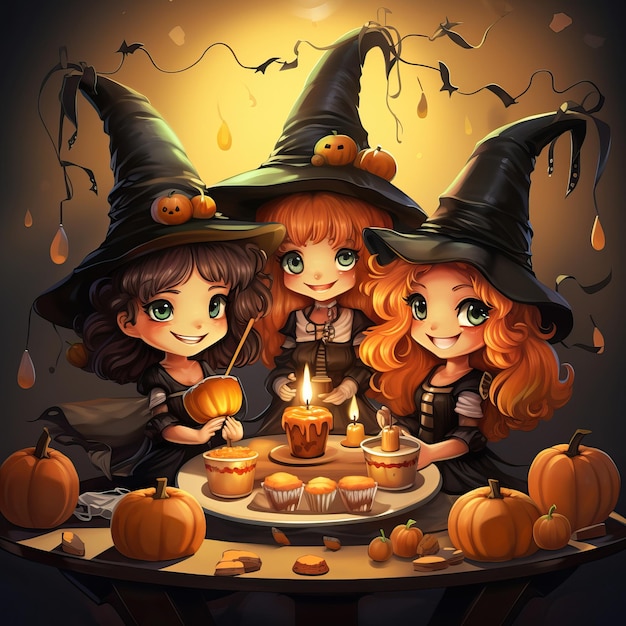 Leuke heksen met pompoenlantaarns vieren Halloween cartoon afbeelding