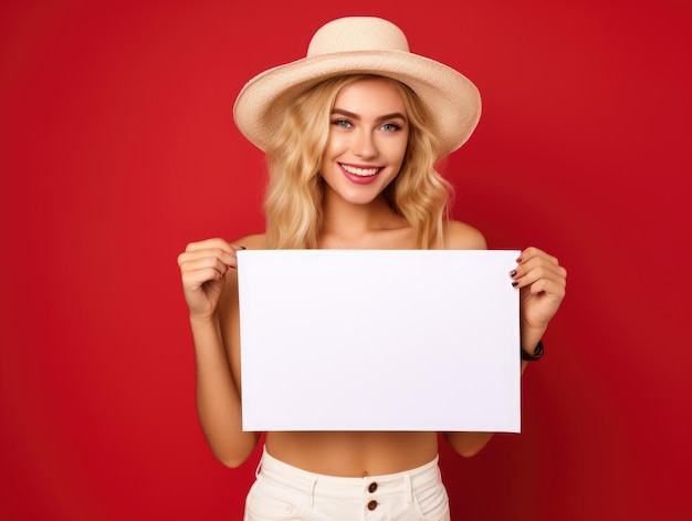 Leuke hete jonge blonde vrouw met een leeg papieren bord met frame.