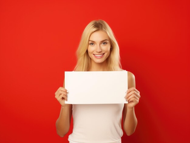 Leuke hete jonge blonde vrouw met een leeg papieren bord met frame.