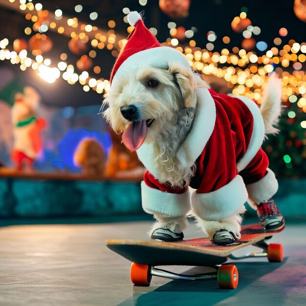 Foto leuke hond die op een skateboard rijdt op de weg op kerstnacht