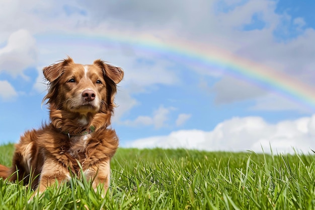 Leuke hond die op groen gras zit in het midden van het veld.