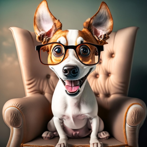 Leuke hond die rent en lacht en een bril draagt en op een stoel zit