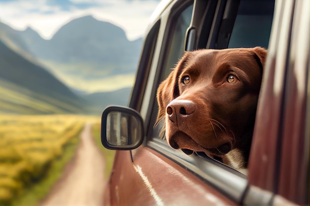 Leuke hond die uit het autoraam kijkt op de achtergrond van bergen Generatieve AI